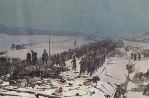 Le désarmement de l'Armée de l'Est à la gare des Verrières. Détail du "Panorama des Verrières", par Édouard Castres, exposé à Lucerne.