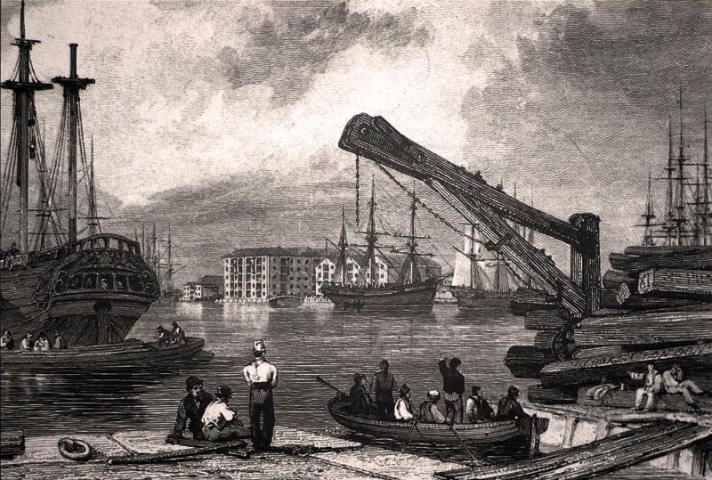 Les docks de Rotherhite au début du XIXe siècle. Cliché Wikipédia